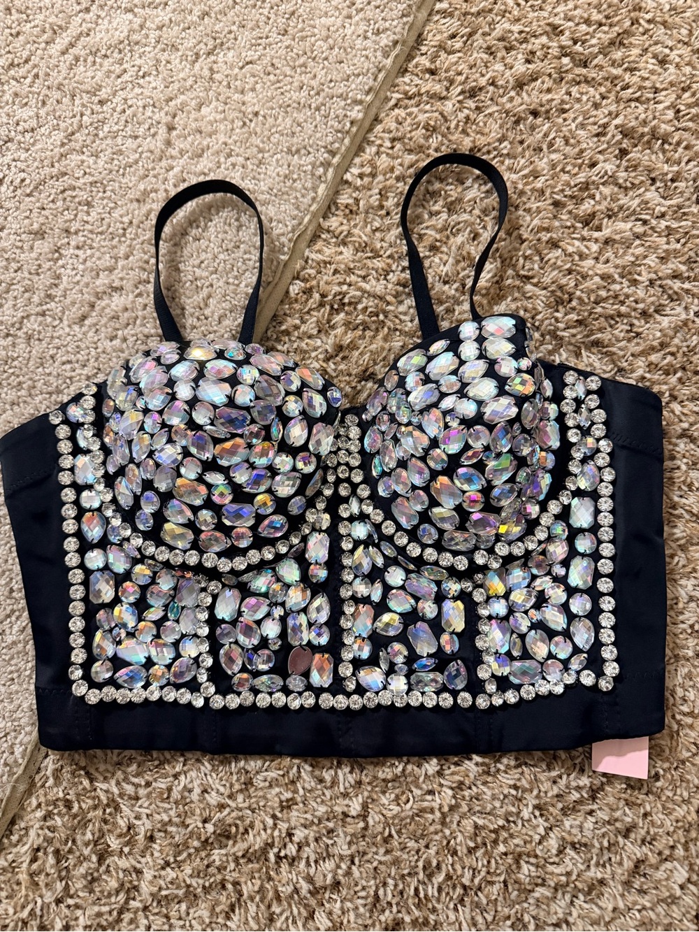 Black Iridescent Crystal Embellished Bustier Camisole